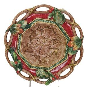 Fitz and Floyd Christmas Lodge Candy Snack Bowl Dish Pierced Embossed‎ Leaves